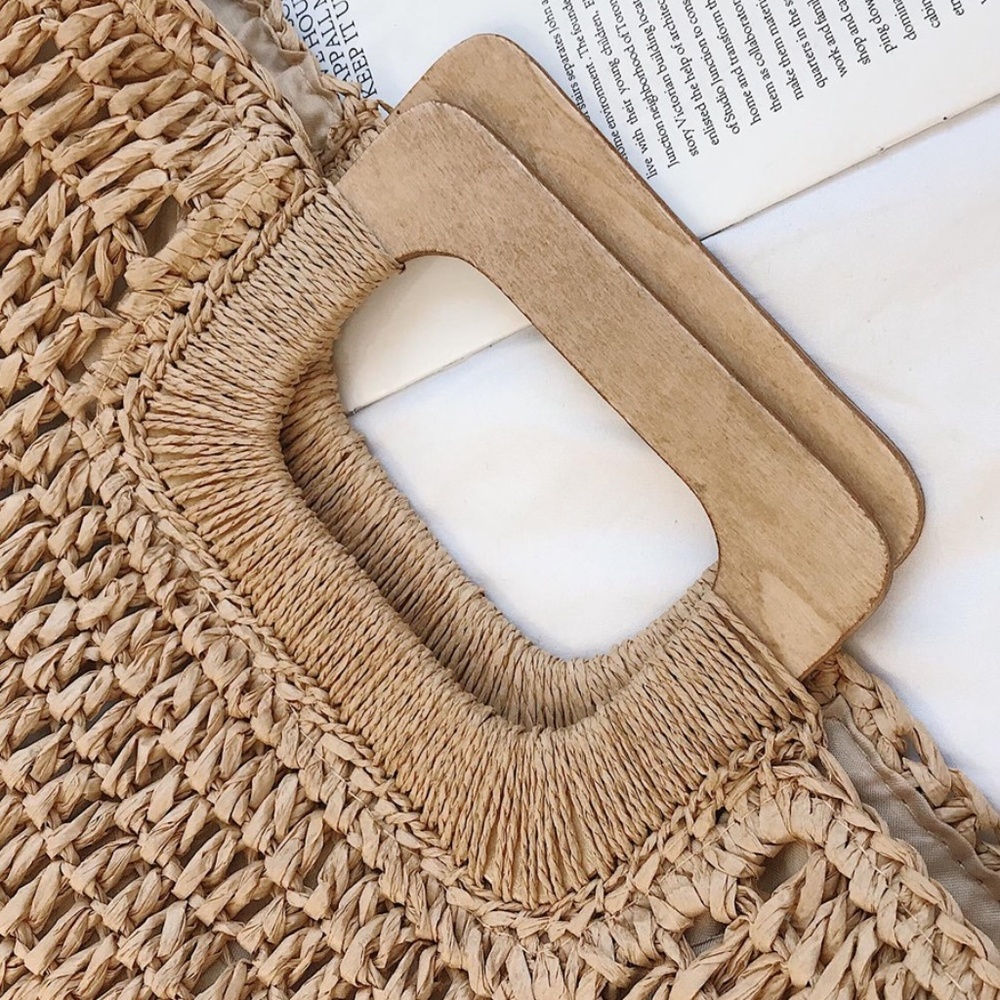 boho Cream Khaki straw bag wood handle tote - Picture 3 of 5
